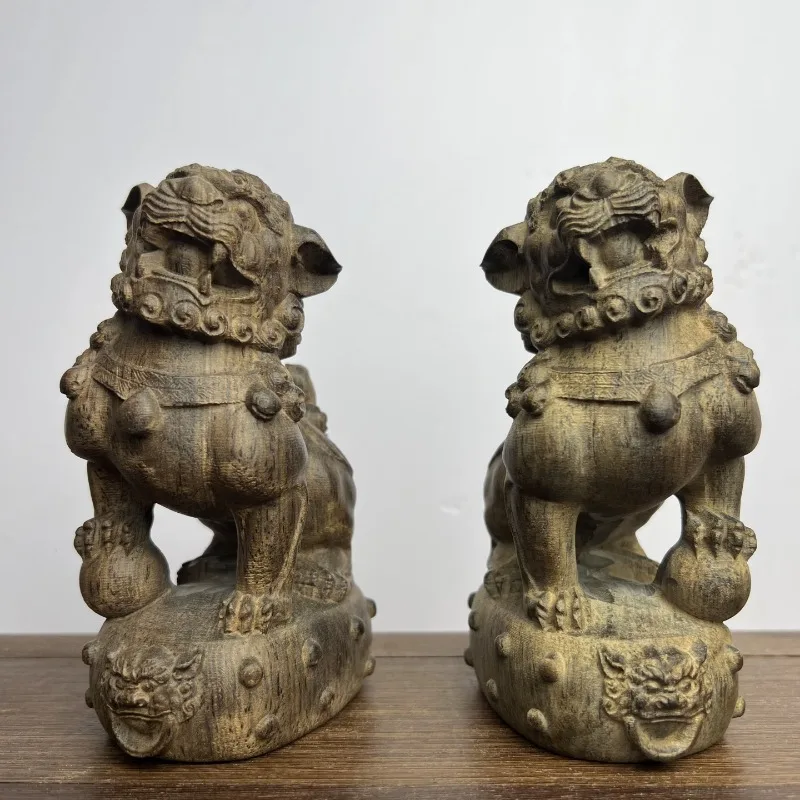 Hand-Carved Agarwood Foo Dog Lion Pair - 5.3