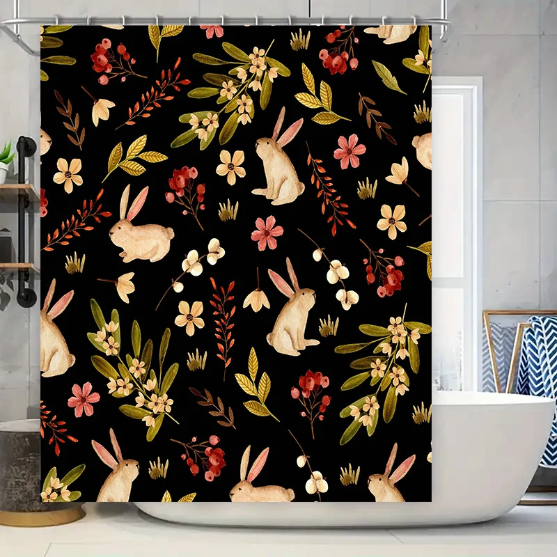 

Animal Floral Shower Curtain: Watercolor Rabbit Flower Bath Decoration for Bathroom Decor Black Background with Pink Yellow Gree