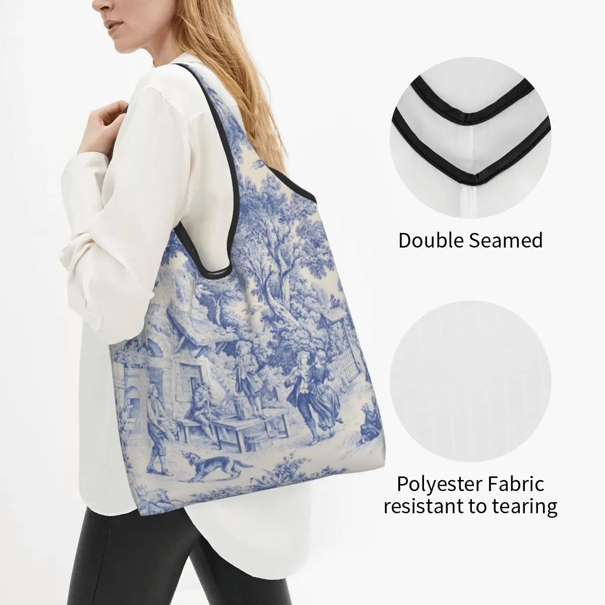 Cute Printing Vintage Classic French Toile De Jouy Navy Blue Motif Pattern Shopping Tote Bags Portable Shoulder Shopper Handbag