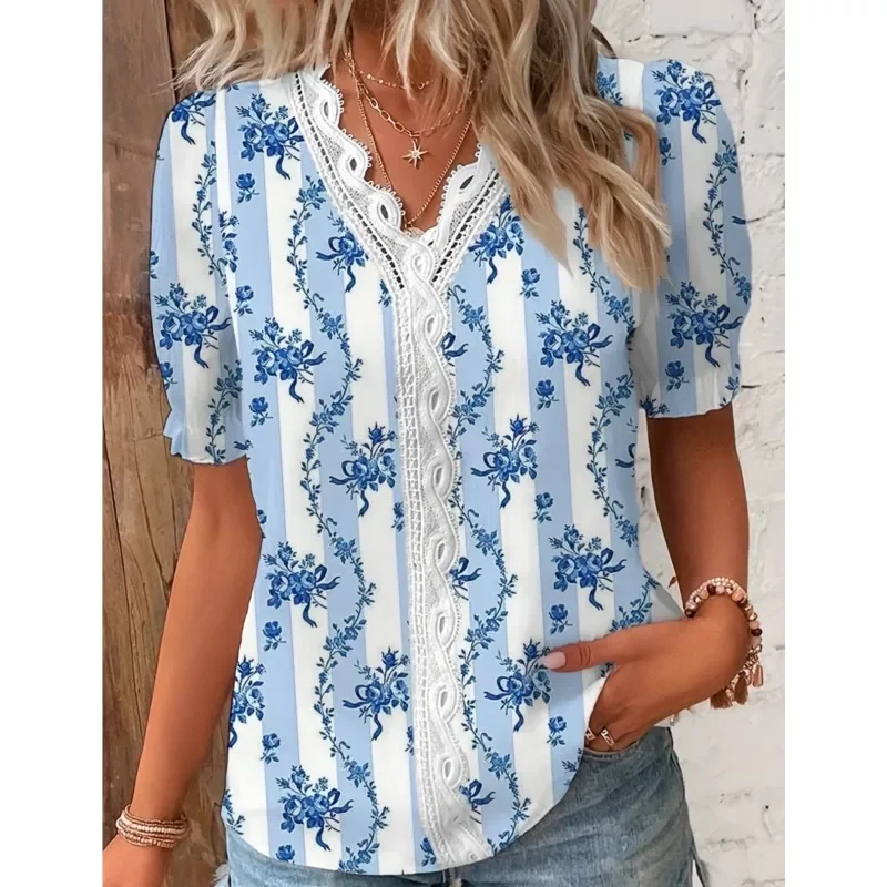 Camisa estampada de retazos de encaje con cuello en V para mujer, blusas elegantes de oficina de manga corta con estampado de flores para mujer 2024
