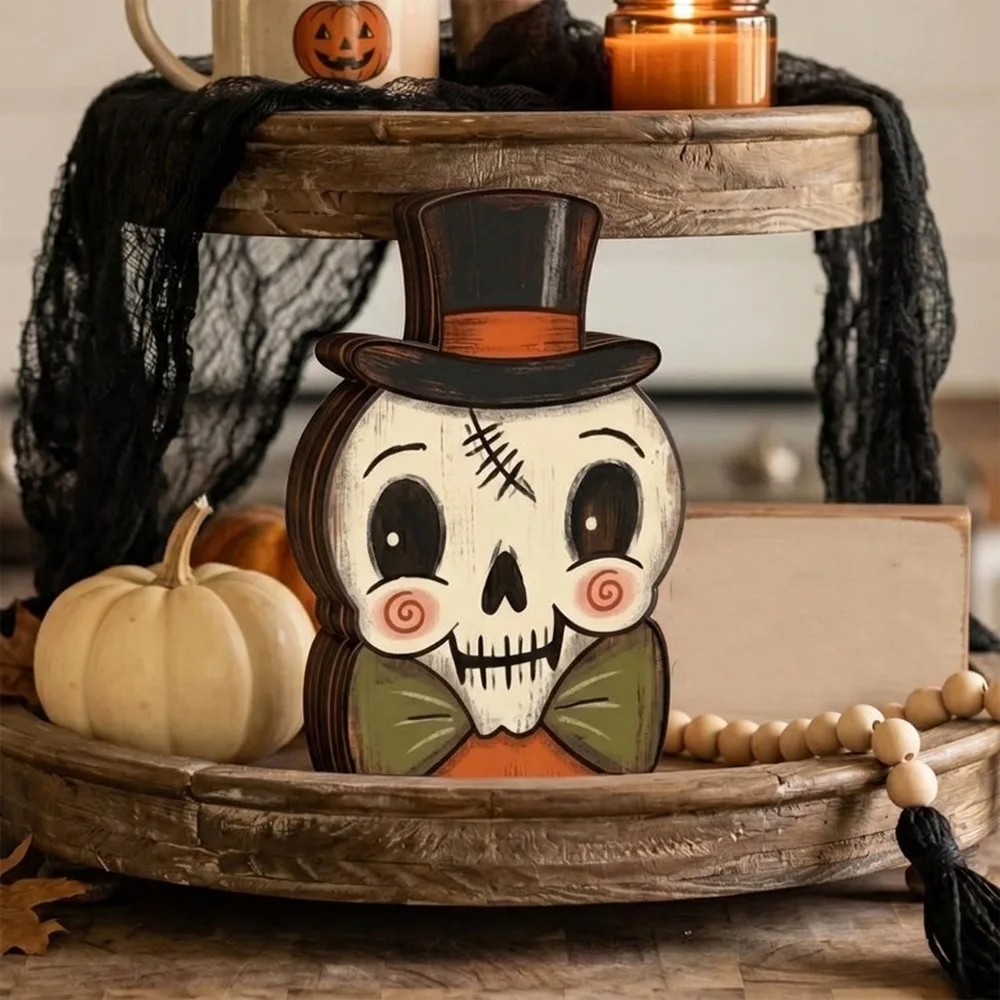 Cartoon Halloween Wooden Tabletop Sign Farmhouse Style Hand Painted Vintage Bat Black Cat Figurines Integrated