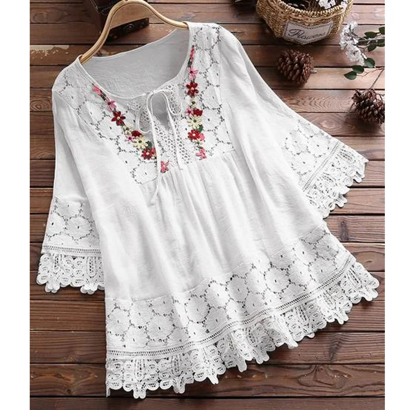 

Elegant Exquisite Embroidered Half Sleeved Women's Shirt Casual V-neck Hollow Lace Women's Top Summer Thin Cotton Blouse 8865#