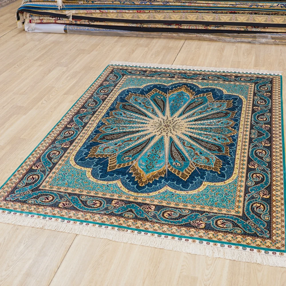 152x213cm Handknotted Silk Area Rug Living Room Blue Persian Silk Rug