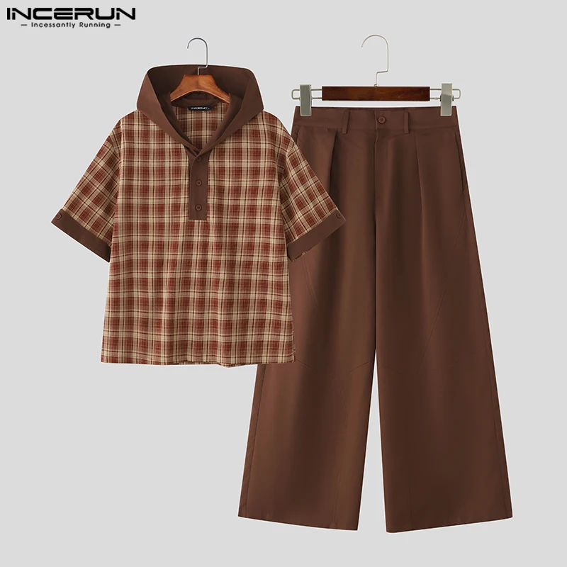 INCERUN Men Sets Plaid Patchwork Hooded Short Sleeve Hoodies & Pants Two Pieces Sets Streetwear 2025 Fashion Loose Men's Suits