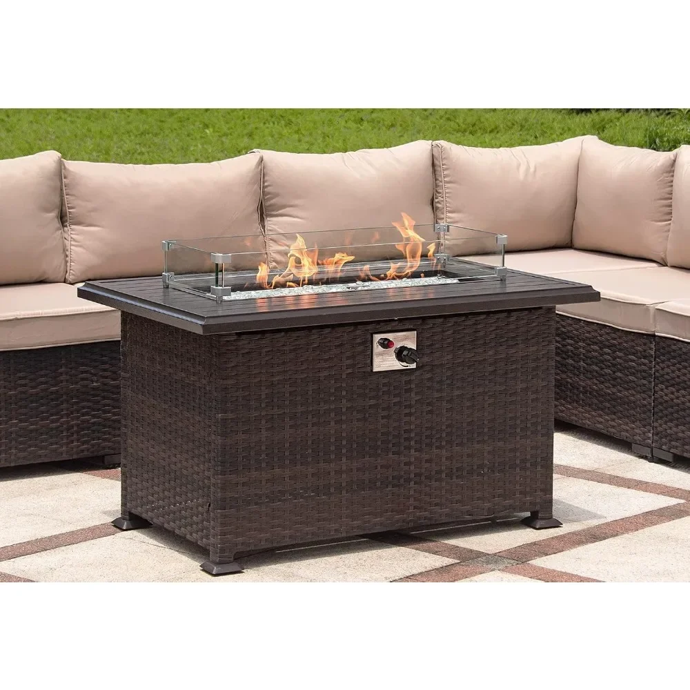 

43" Fire Pit Table with Glass Wind Guard, Glass Rock,Rectangle Firepit Cover, 55,000 BTU Auto-Ignition Propane Gas Fire Pit