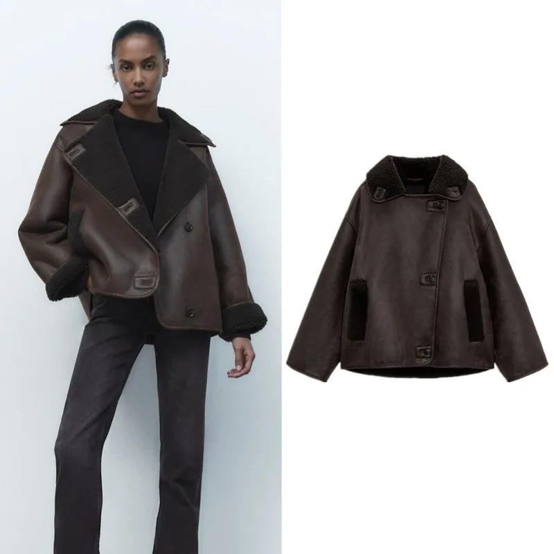 เสื้อโค้ทผู้หญิงแฟชั่นสองด้าน หนังและขนสัตว์ สำหรับฤดูใบไม้ร่วงและฤดูหนาว รุ่นใหม่ ZDATA สไตล์ลำลอง ทรงเข้ารูป