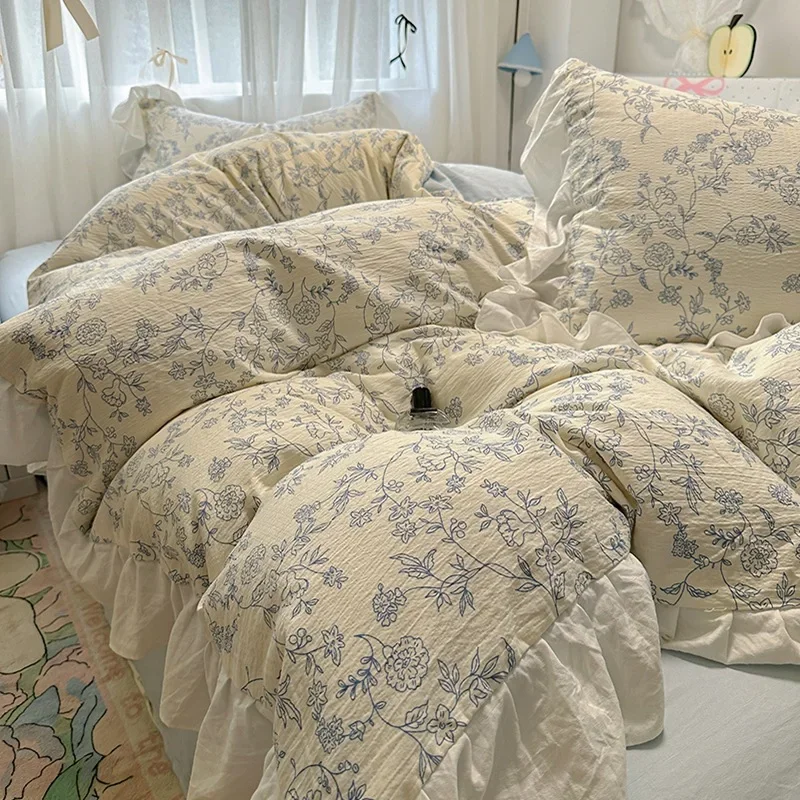Korean Princess Style Pure Cotton Bedding Set Lace Floral Bedclothes for Queen King Skin-Friendly Home Textile for Naked Sleep
