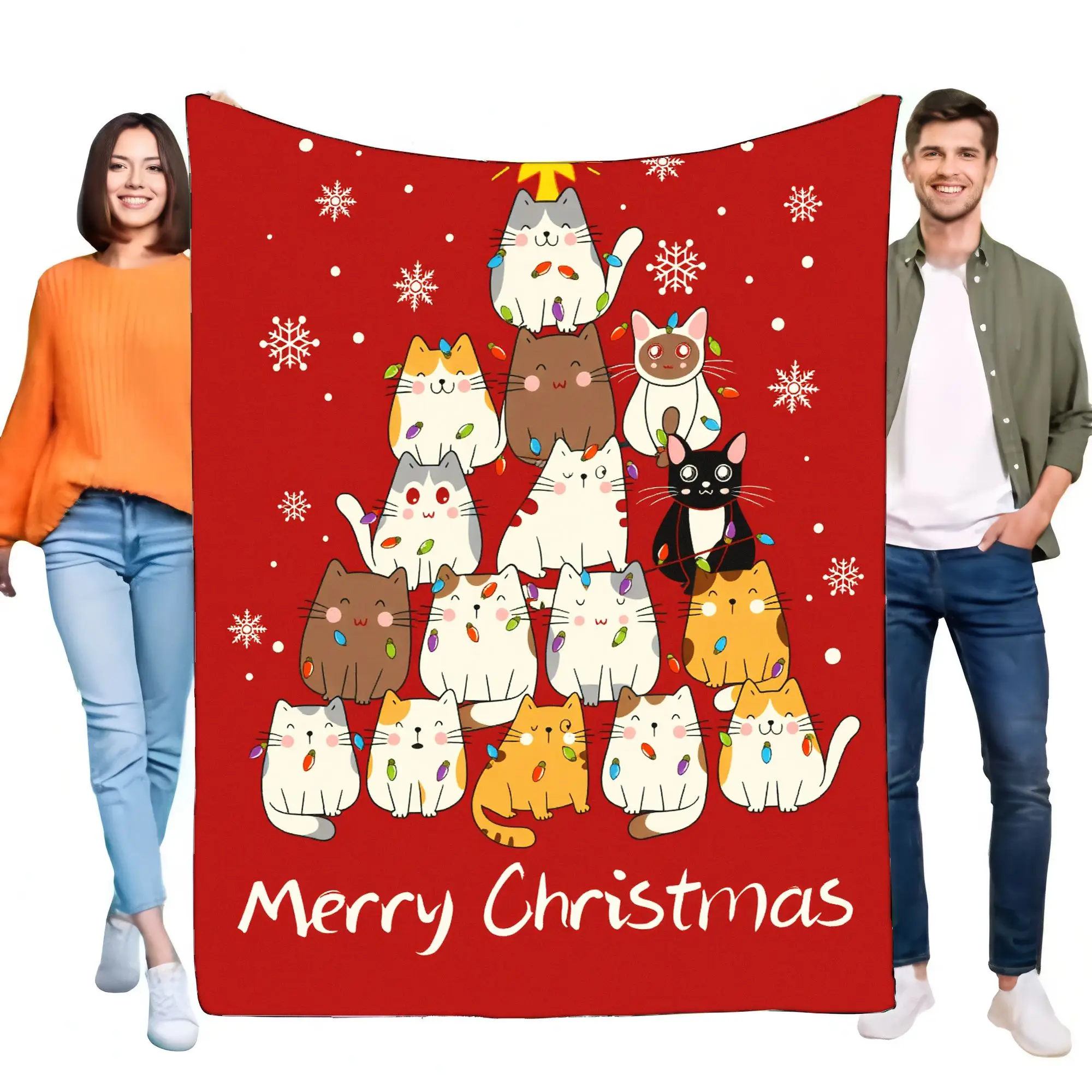 Festive Cartoon Cats Christmas Tree Blanket Soft Red Throw Cozy Snowflake Design for Bed Sofa Perfect Holiday Gift for Adults an