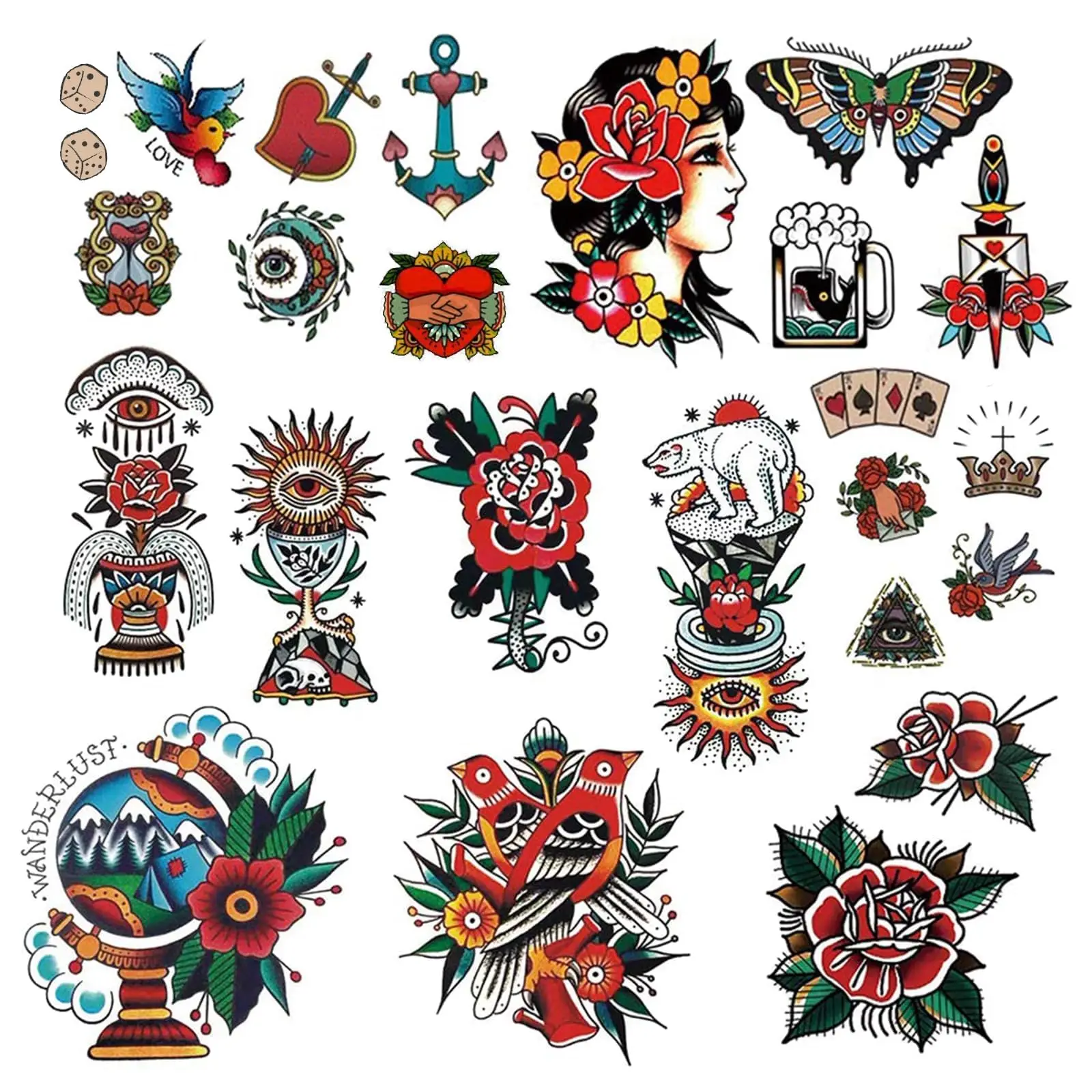 Tatuajes temporales clásicos: pegatinas de la vieja escuela en diferentes tamaños, diseños vintage impermeables: flores, rosas, golondrinas