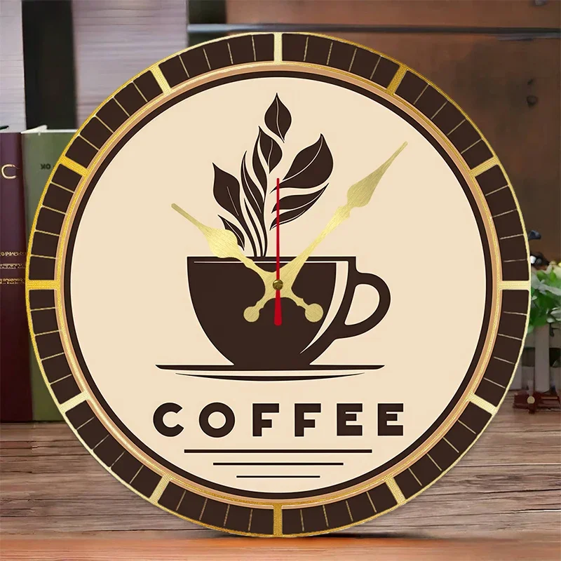 Vintage Coffee Emblem Wooden Round Silent Hanging Wall Clock,Suitable For Living Room,Office,Study Room,Bedroom,Home Decoration.