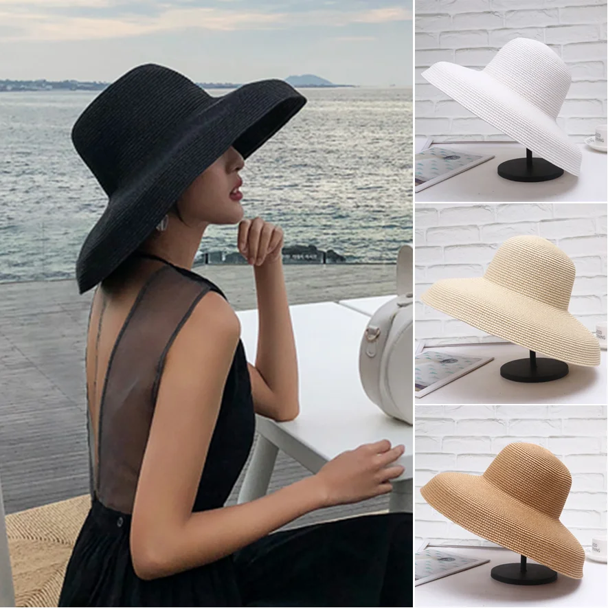 Summer Hepburn Style Sun Hat for Women Girls Vintage Design Straw Hat Sun Protection Solid Color Beach Holiday Big Sun Cap