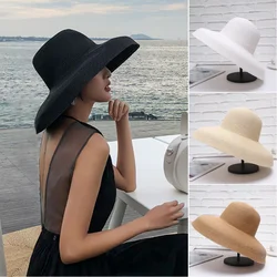 Sombrero de sol estilo Hepburn para mujer y niña, sombrero de paja de diseño Vintage, protección solar, Color sólido, playa, vacaciones, gorra grande