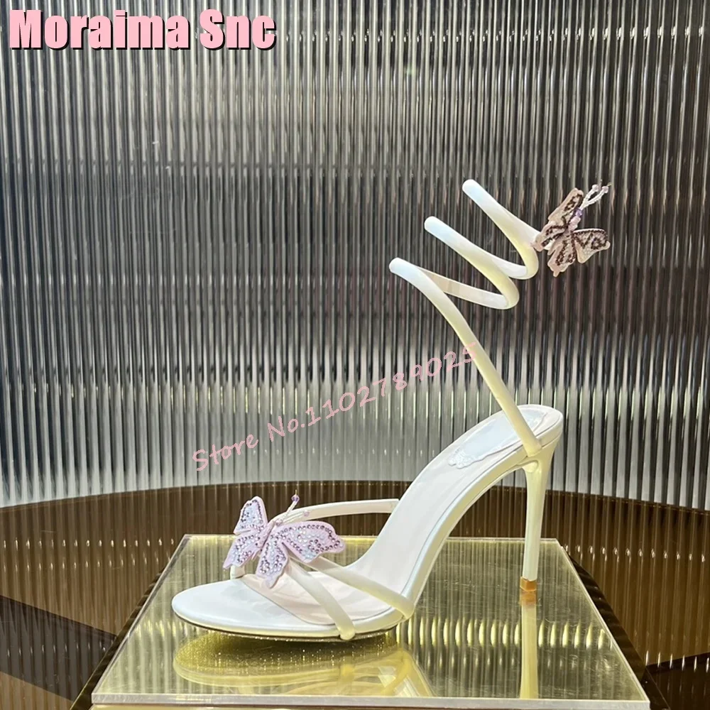 

2025 New Luxury Butterfly Decor Sandals Crystal Detailing Wrap Sexy Women Shoes Sandals Summer Banquet Party Stiletto High Heel