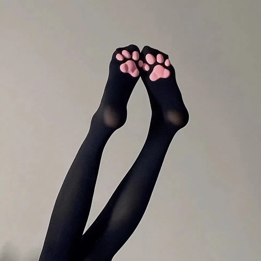 Image of Modische Samt-Katzenpfoten-Strümpfe Rosa Pfotenabdrücke Overknee 3D Kätzchenkrallen-Socken Niedliche Lange Socken Lolita JK