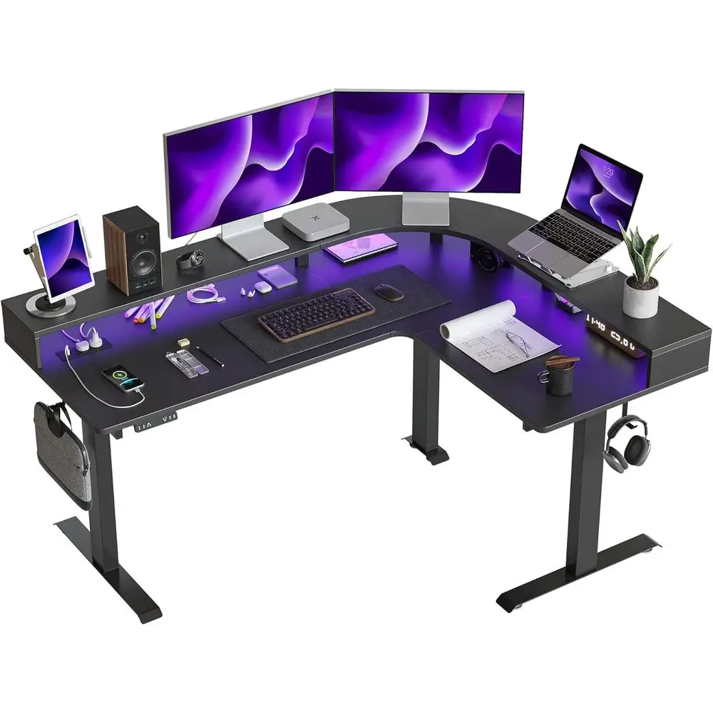 

Electric Adjustable L-Shaped Desk with Arc LED, Power Outlet, and Large Monitor Stand - 330lbs Capacity, Black