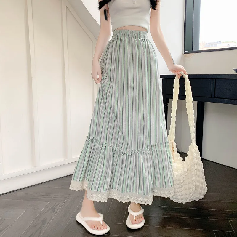 

Korean Fashion Skirts Women Striped Lace Patchwork Female Long Skirt Faldas Ajustadas A-line High Waist Pleated Skirt