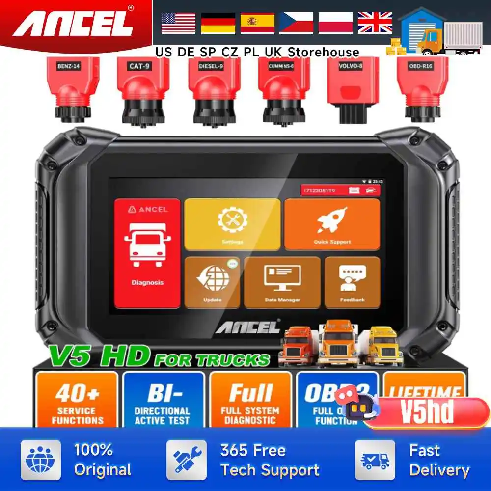 ANCEL V5 HD Heavy Duty Truck Scanner Semi Truck Full System Diagnostic Bidirection Diesel for Cummins/Detroit PK ANCEL X7 HD