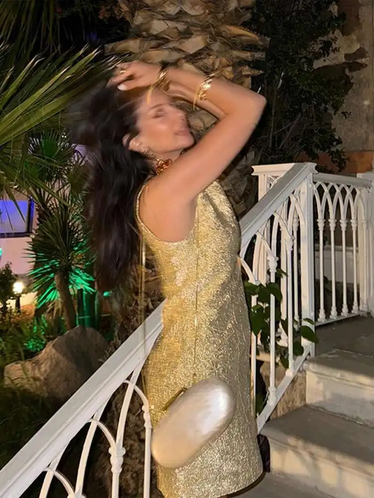 Mini abito oro lucido da donna Chic O collo senza maniche abiti femminili 2025 nuova estate autunno aderente Lady Evening Party Vestidoes