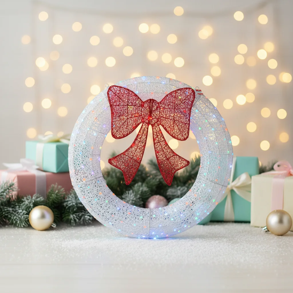 LED Warm White Christmas Wreath Iron Metal Wire Red Bow 1.2m IP44 Waterproof AC Powered Manual Control Outdoor Garden Yard