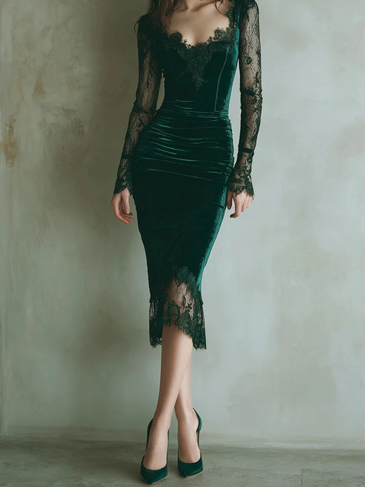 Женское сексуальное кружевное бархатное облегающее платье с v-образным вырезом, элегантное прозрачное однотонное тонкое вечернее платье с длинными рукавами, модное плиссированное платье миди с высокой талией