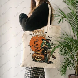 1 pc Halloween Witch patternTote Bag borsa a tracolla in tela per il viaggio borsa per la spesa riutilizzabile da donna per il pendolarismo quotidiano, miglior regalo