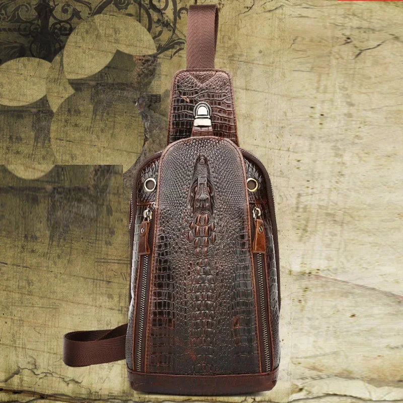 

High Quality Real Leather Men Messenger Shoulder Cross body Bag Oil Wax Cowhide Travel Crocodile Pattern Sling Chest Back Pack