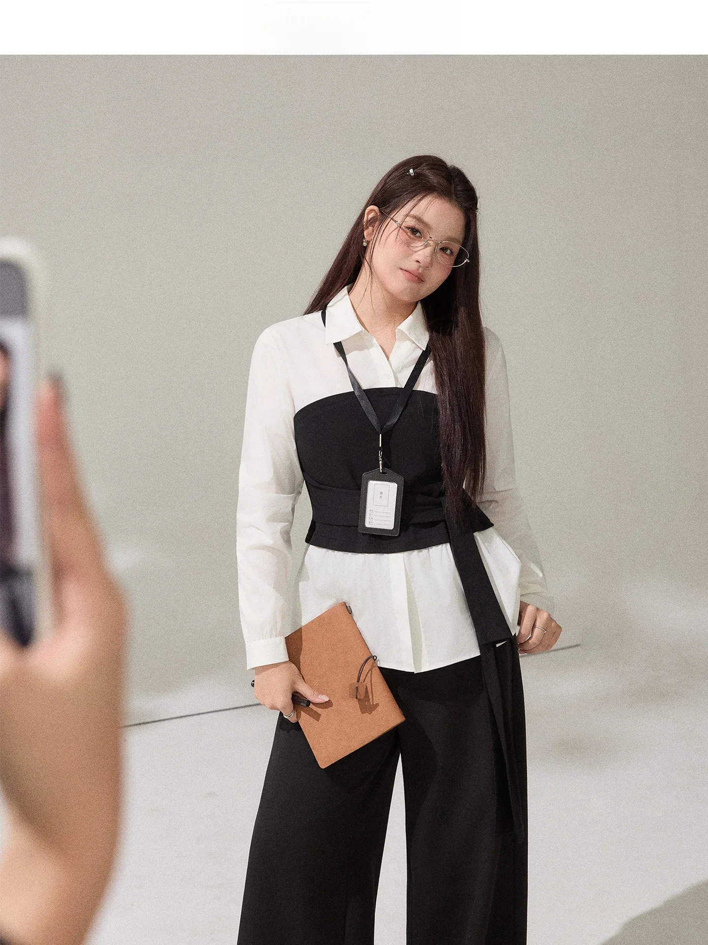 

Korean Sle Long Sve irt Color Blo Design Commute Friendly Cotton Blend Women's Faion Single Piece Top