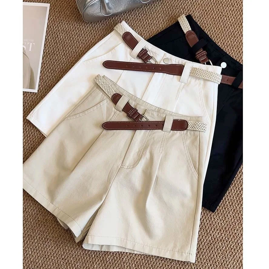 

Womens Shorts Summer Cotton High Waist Wide Leg Shorts with Belt Fashion Classic Loose Casual Biker Shorts Women Female Clothing