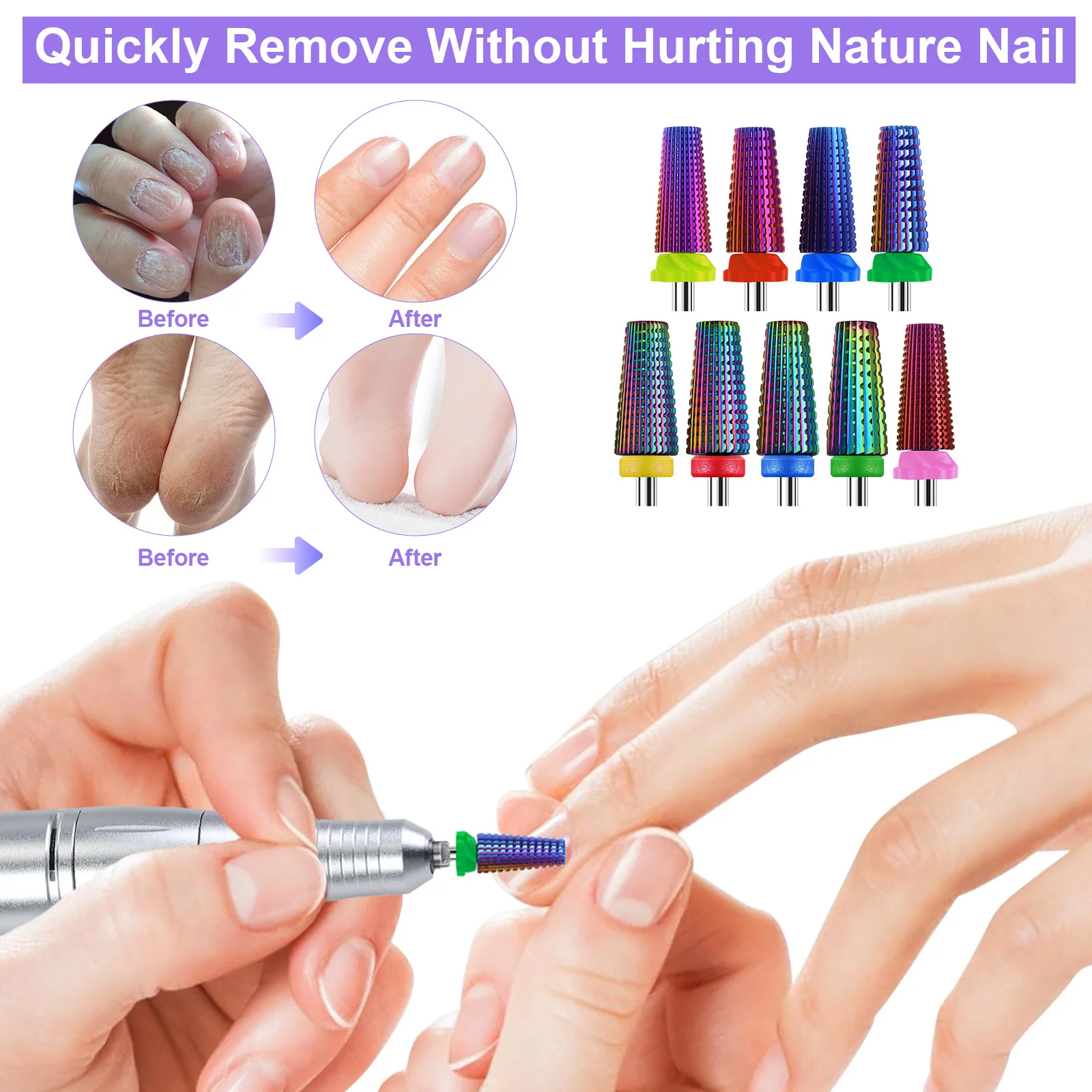 Set di punte per trapano per unghie Testa di molatura in carburo ad alta velocità Cilindro lungo per rimozione smalto gel Strumenti per lime elettriche per manicure e pedicure