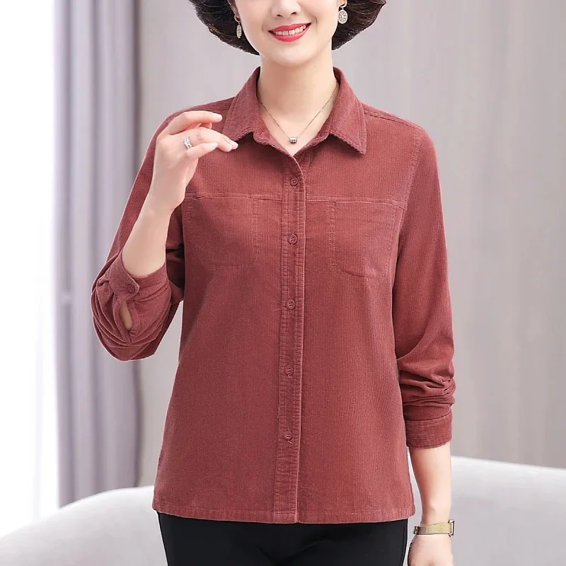 

Pure Cotton Corduroy irt for Middle-Aged And ly Women Casual Loose Fit Long Sve Button up Collar Outerwear Coat