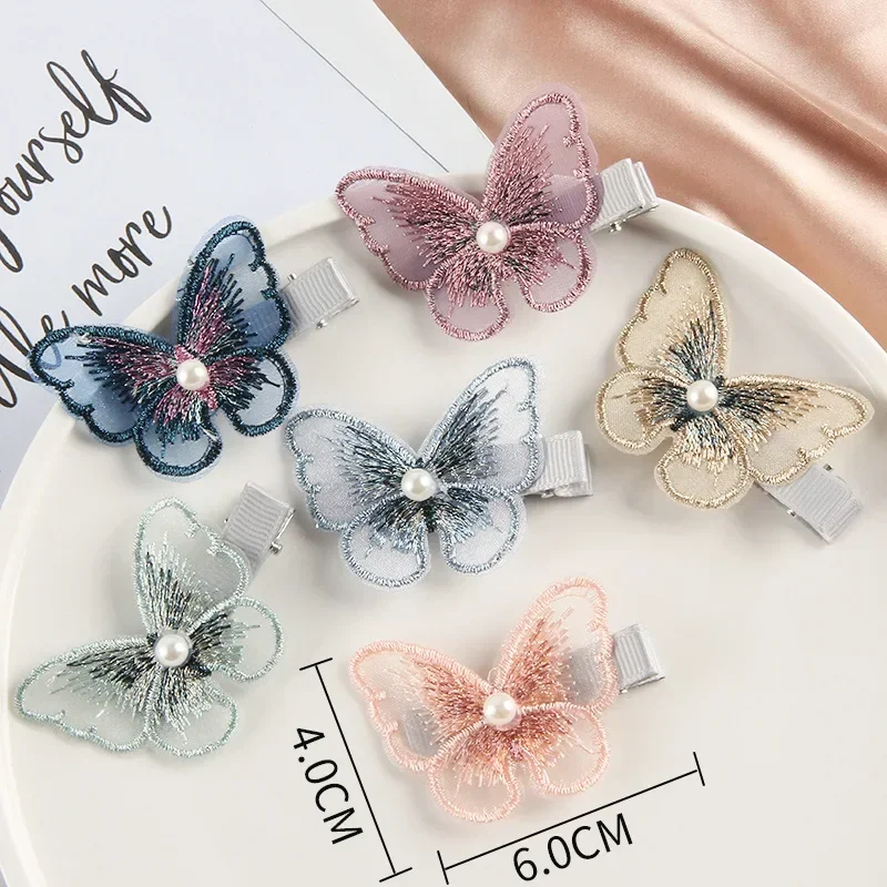 Korean Cute Baby Girls Hairpin Candy Embroidery Fabric Pearl Butterfly Hairpin Female Small Bangs Edge Clip for Kids Accessories