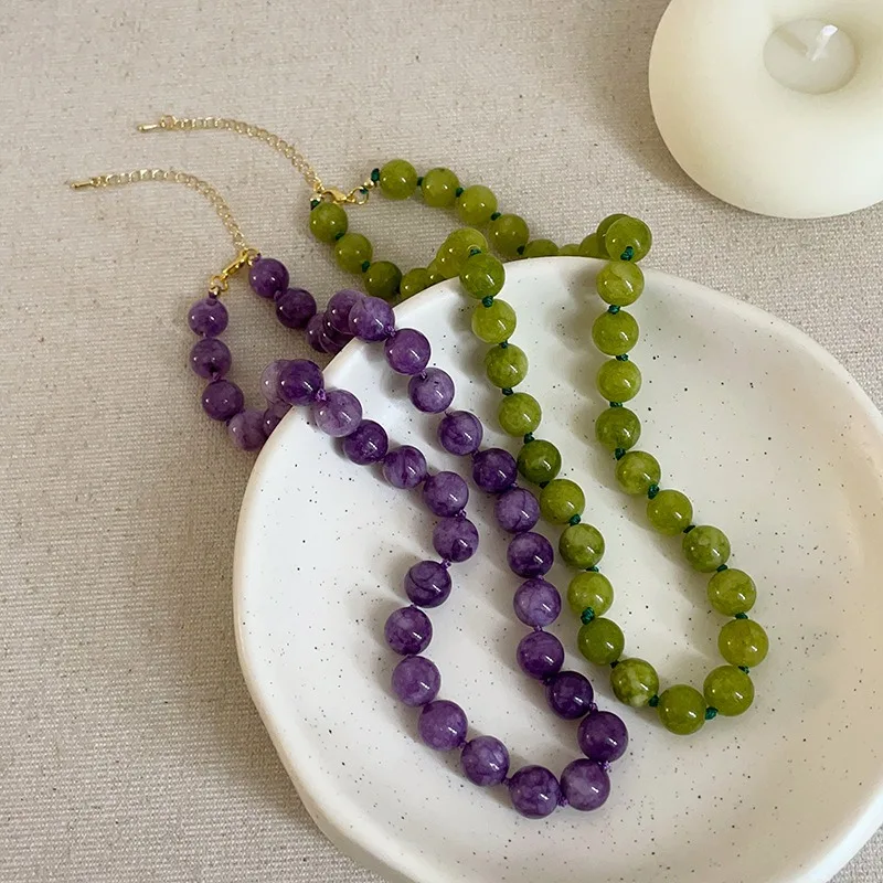 

Wholesale 10mm Green Purple Color Natural Stone Knotted Rope Chain Beaded Necklace for Women Gold Sweater Chain Chokers