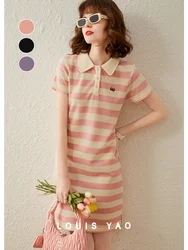 LOUIS YAO Women Dress Polo Neck Striped New Arrival for Summer 2024 Short Sleeve Slim Casual Short Dress for Women