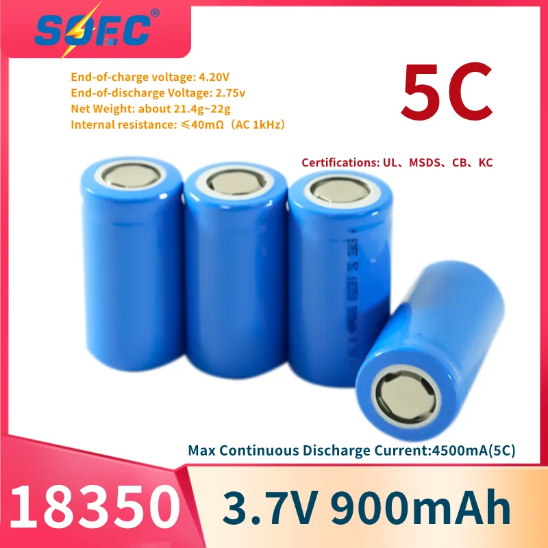 SOEC 5C 18350 battery 1100mAh 900mAh Power Rechargeable Lithium Cylinder Battery 3.7V 8A power for Electrical Tools Flashlight