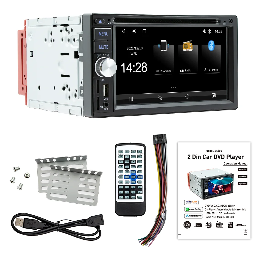 BQCC 2 Din 6.2“ Universal Car DVD Player Mirrorlink BT USB AUX Wired Carplay Android Auto RDS Radio Fast Charging Car Stereo