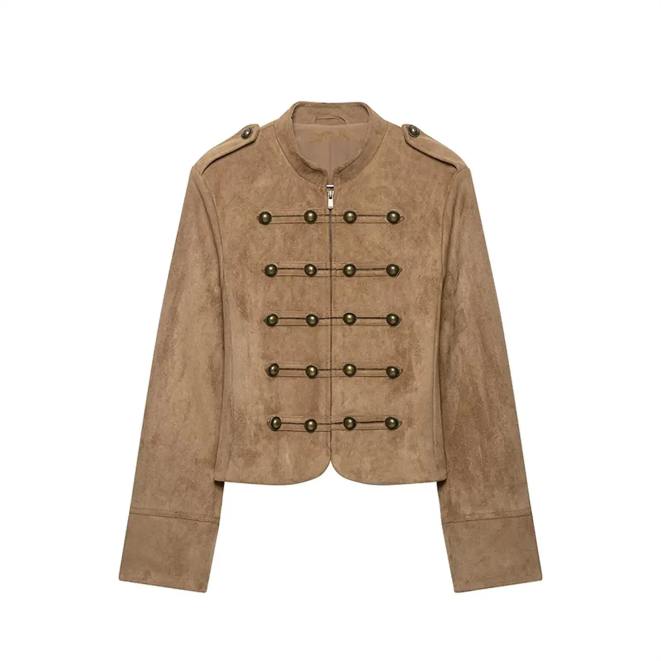TFMLN Damen Slim-Fit Jacke Stehkragen Doppelreihig Metallknopf-Dekor Reißverschluss Vorne Kurze Oberbekleidung Herbst Neue Damenkleidung – Detail 2