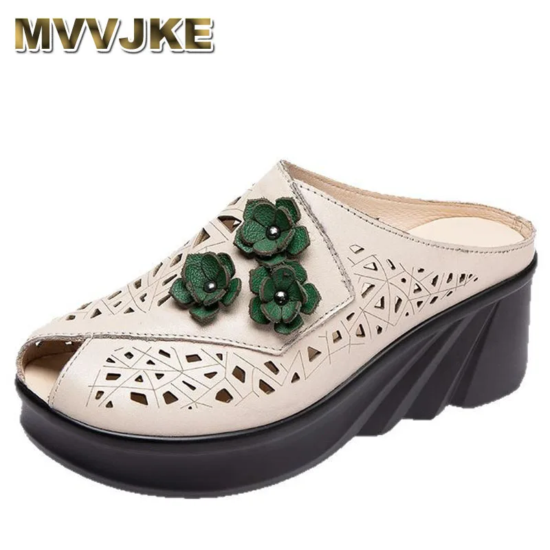 

Women summer vintage flower shoes luxury mules Slippers open toe hollow slides New 6 cm wedge heel genuine leather Slippers