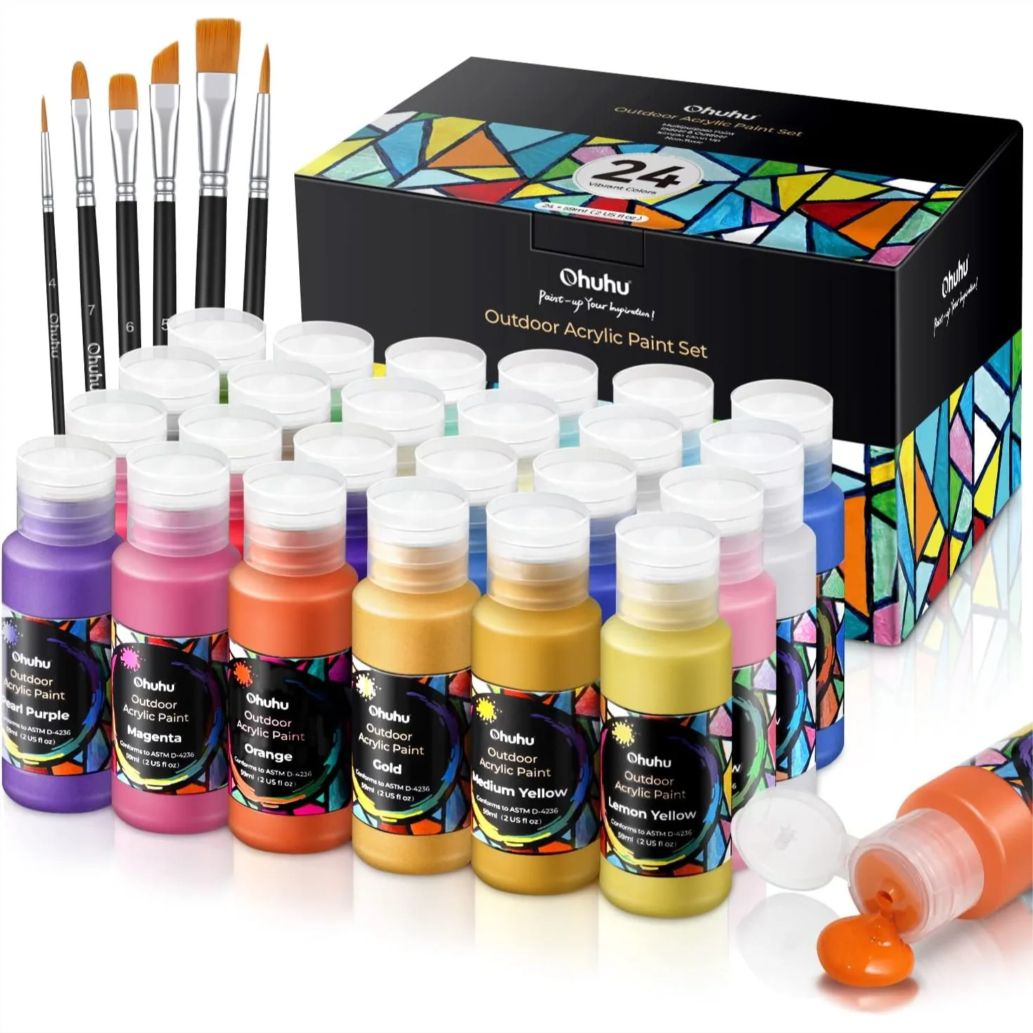 

Outdoor Acrylic Paint Set for Metal, 24 Colors 2oz/60ml with 6 Brushes for Garden Statues, Wood, Canvas, Rocks, Glass, Last 3-4