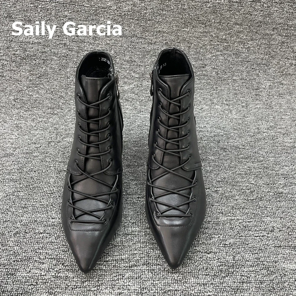 

Black Leather Stiletto Mid Heel Short Boots Christmas Wild Cross Tied Sexy Women Boots Solid Pointed Toe Casual Shoes