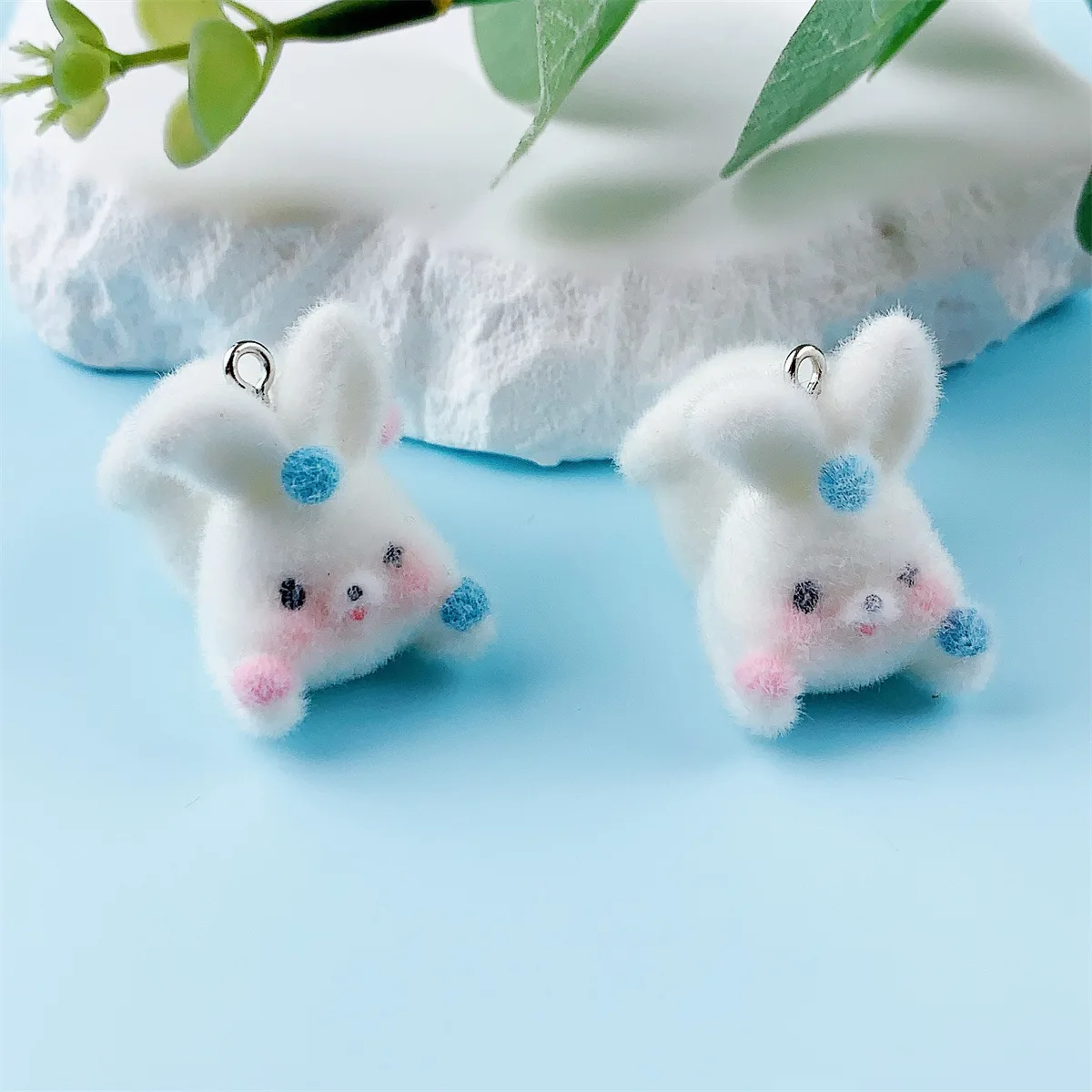 

20Pcs 3D Flocking Resin Rabbit Charms Kawaii Mini Animal Plush Dolls Pendant for Keychain Earring Making DIY Jewelry Accessories