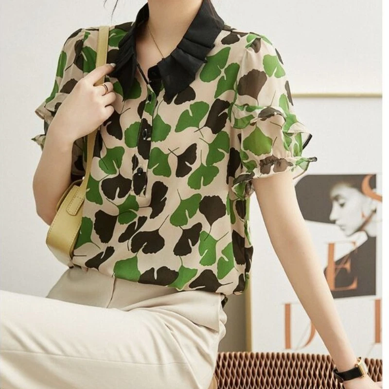 Cute Shirts & Blouses for Women with Print Summer Frill Woman Top Ruffle Youthful Clothes Fine Elegant Korean Style Chic Xl M S