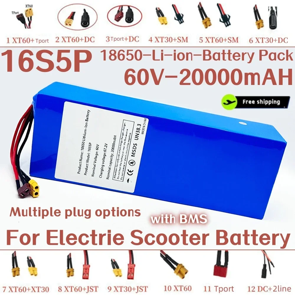 

16s5p 100% New 60v battery 20000mAH 18650 Lithium Battery Pack with BMS for Motorcycle, scooter, Bicycle 2000W Motor 2025