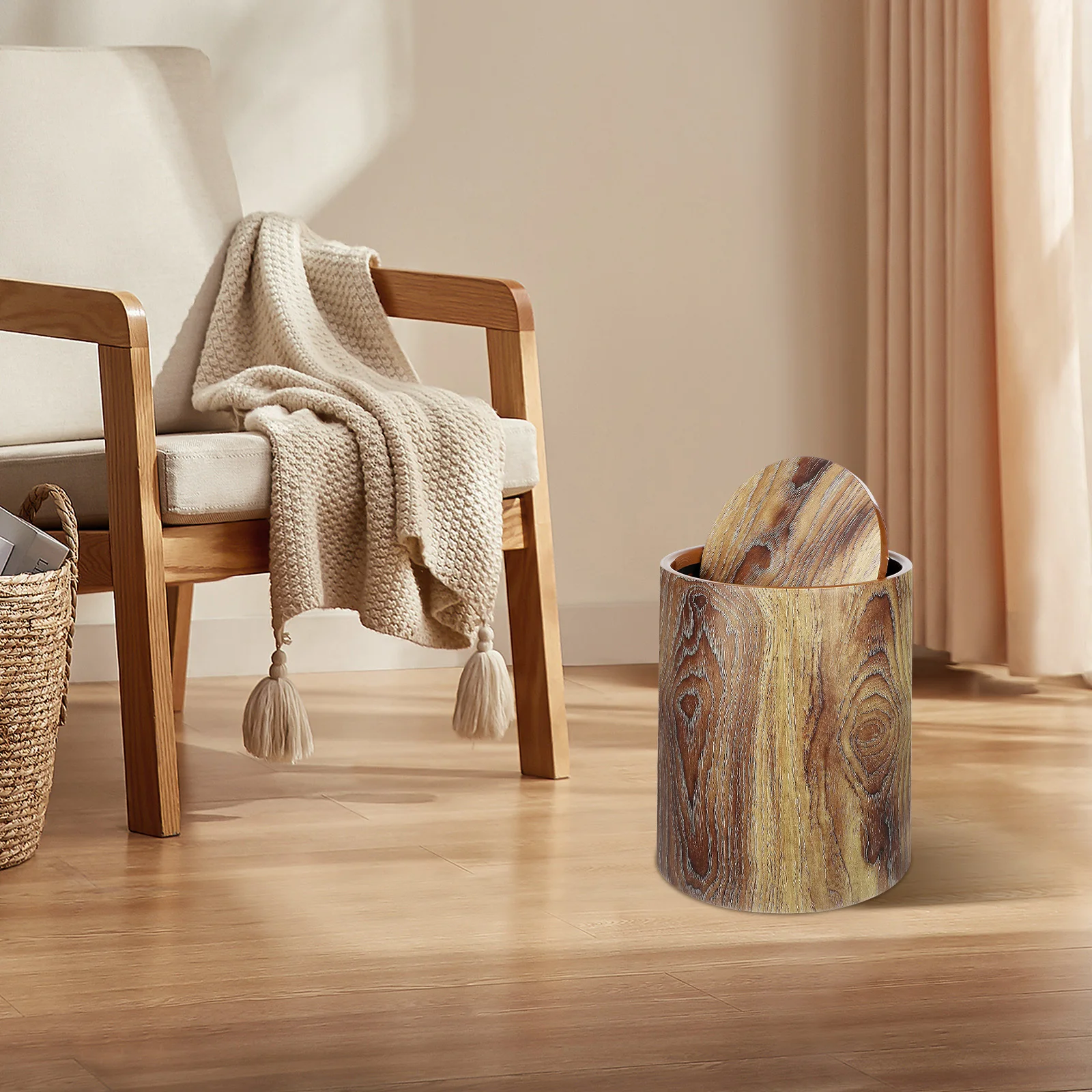 

Imitation Wood Grain Trash Bin Swing Lid Convenient Flip Lid Household Garbage Can for Kitchen Bathroom Office