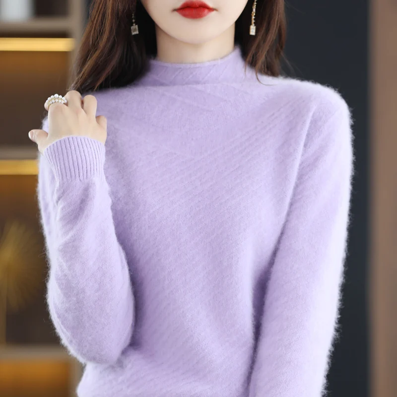 

Women's Curled Mock Neck 100% Mink Cashmere Sweater Half High Collar Pullover Long Sleeve Knitwear Autumn Winter Female Clothing