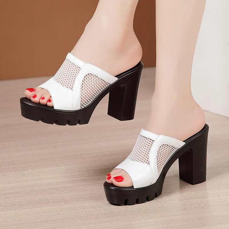 Small Size 32-43 Elegant Block High Heels Shoes Women Summer Slippers 2022 Mesh Cutout Leather Slides Platform for Office Model