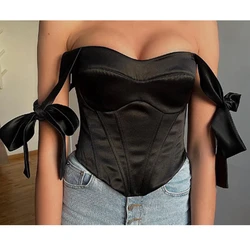 Women's Clothing Summer Coquette Stain Bustier Tops, Vintage Elegant Solid Color Bow Tie Strap Sleeveless Boned Corset Tank