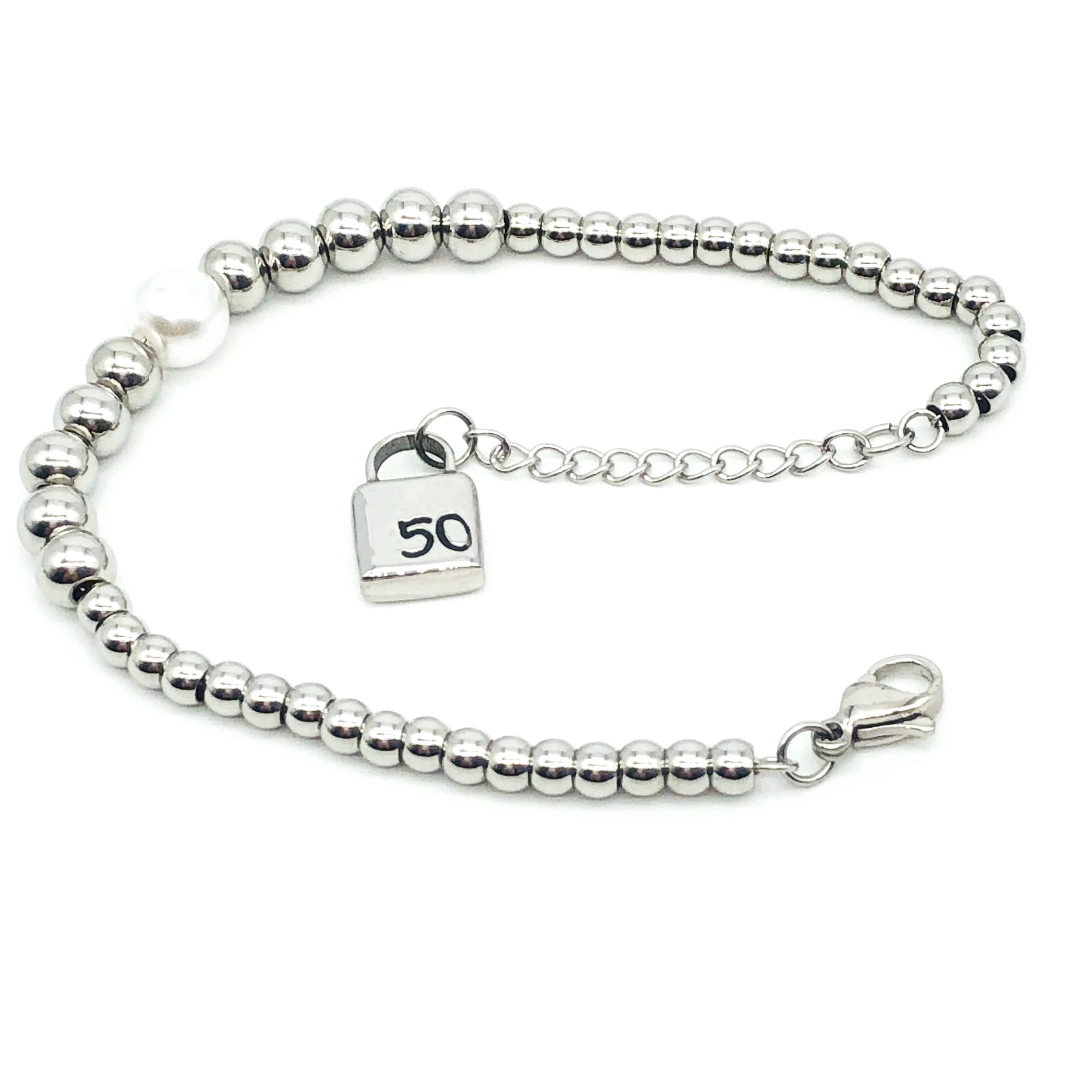 

6MM Fashion Stainless Steel Lock Charm Silver Bead Pearl Bracelet Niche Popular Key 50 Jewelry Gift