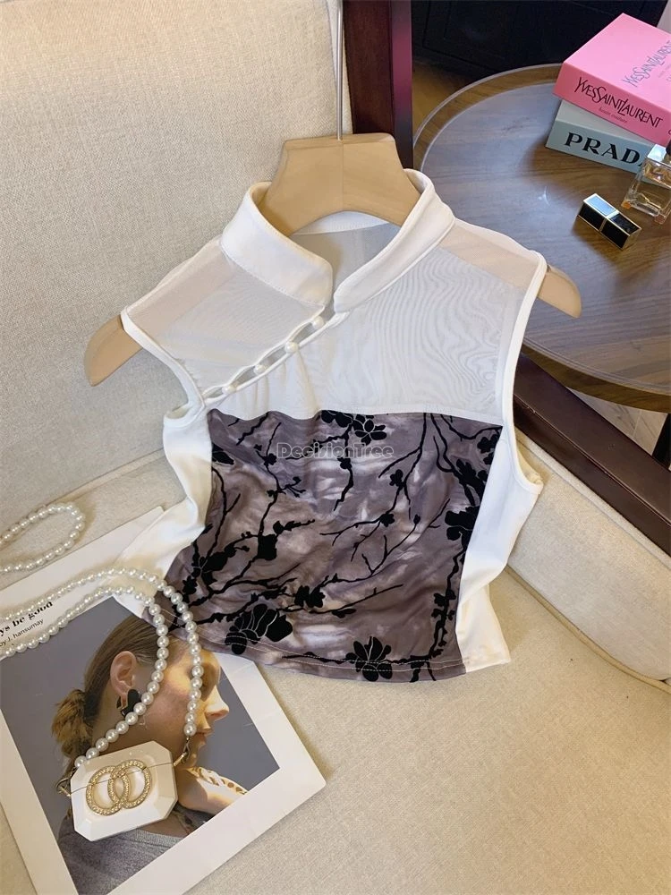 2025 chinese-style printed cheongsam stand collar splicing design female summer velvet sleeveless vest retro fashion qipao top