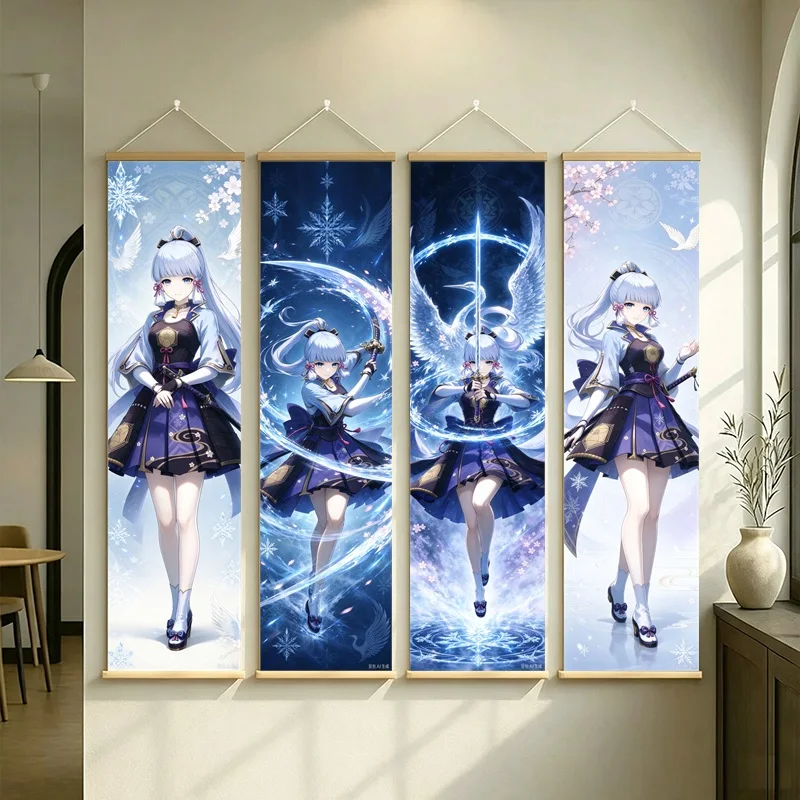Hanging Scroll Wall Art of Genshin Impact Kamisato Ayaka with Blue Swirling Motifs on Silver Shimmer Canvas for an Anime Bedroom