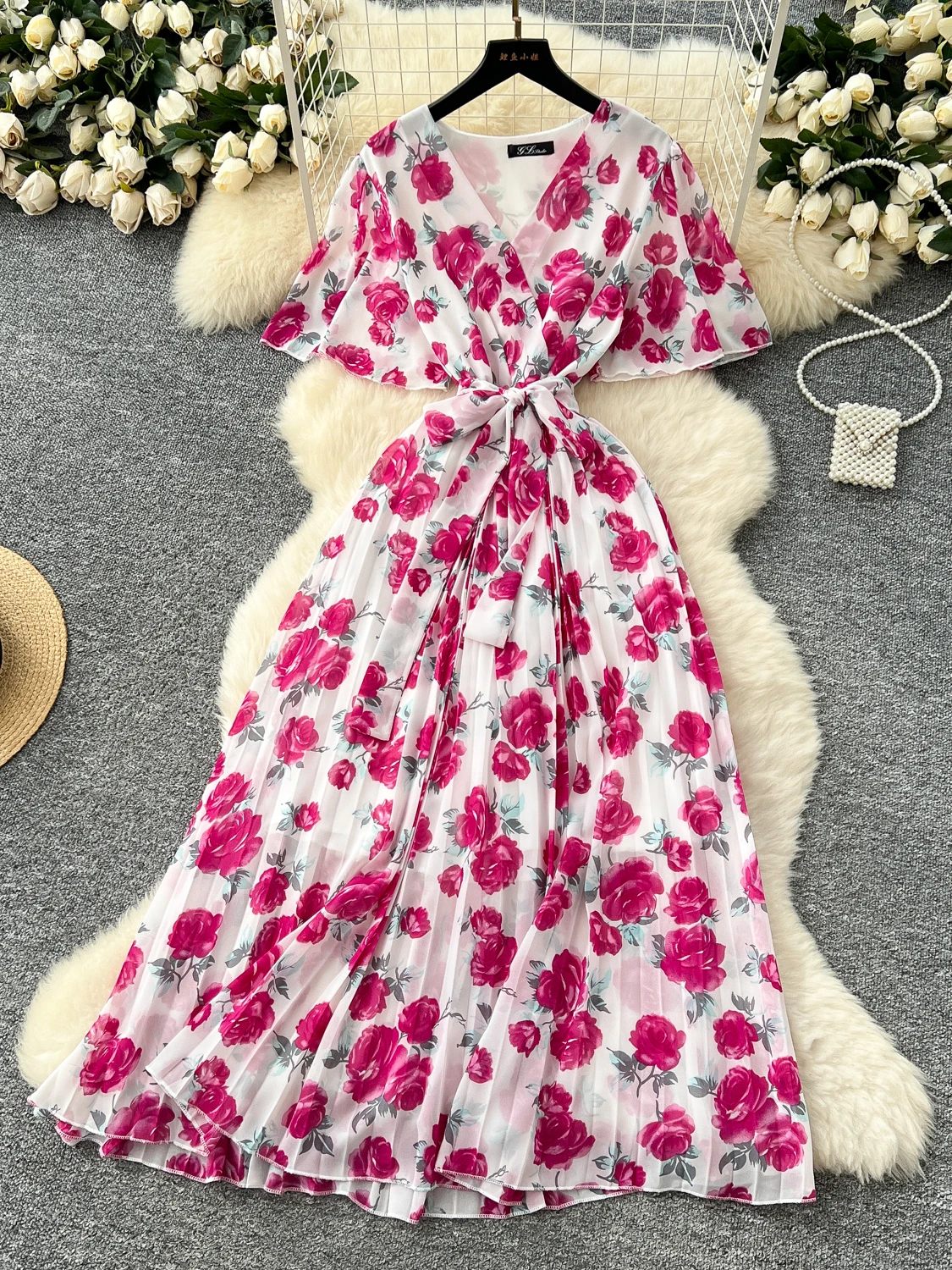 E Vestido de Gasa con Estampado, Cuello en V, Manga Campana, Cintura Alta con Lazo, Estilo Coreano, Vestido Línea A, N...